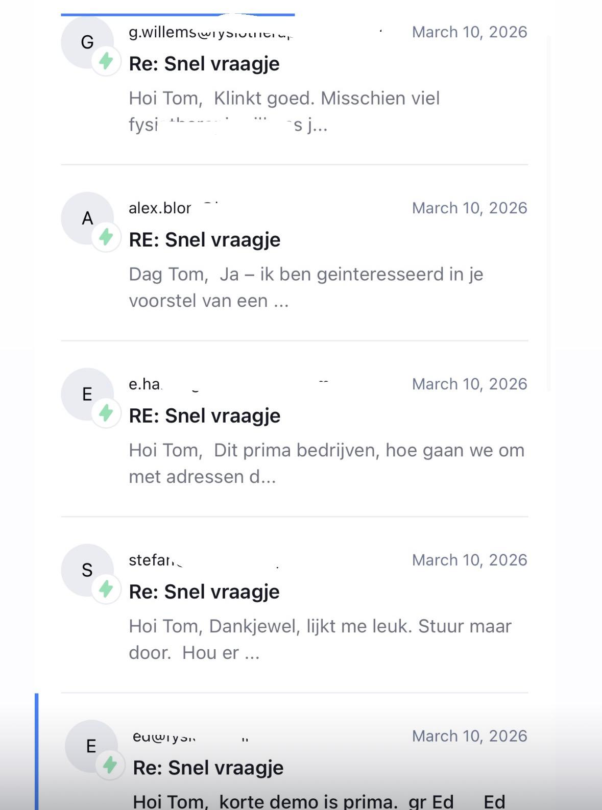 Echte reacties van bedrijven op berichten volgens de methode.